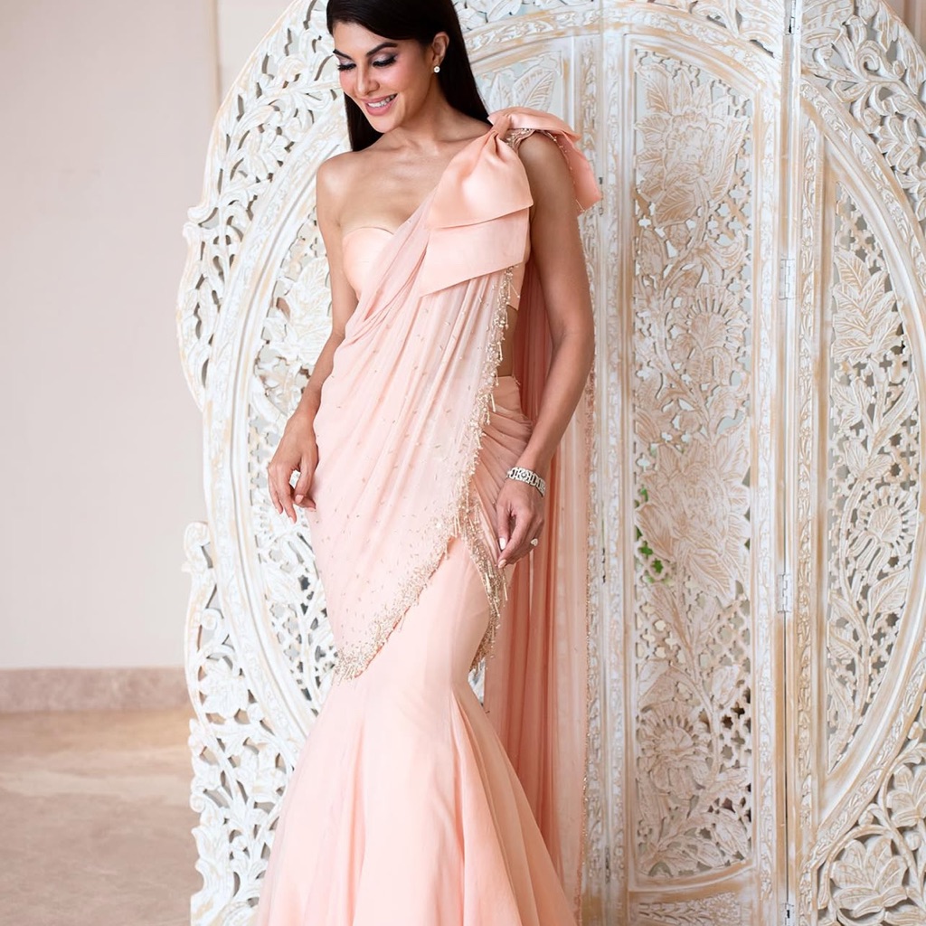 Shloka Khialani Peach Pink Iris Saree Gown